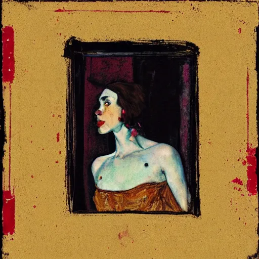 Prompt: an elegant girl in a liminal abandoned room, red and gold, old polaroid by goya, by schiele, digital painting, jugendstil, strong lights, flat colors, pastel colors,
