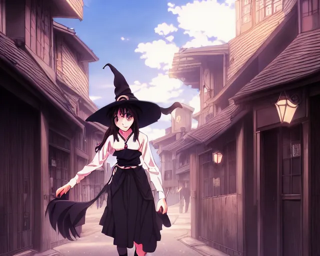 Image similar to key anime visual portrait of a young female witch walking through a busy village, dynamic pose, dynamic perspective, cinematic, dramatic lighting, muted colors, detailed silhouette, textured, finely detailed eyes, anime proportions, kentaro miura, anmi