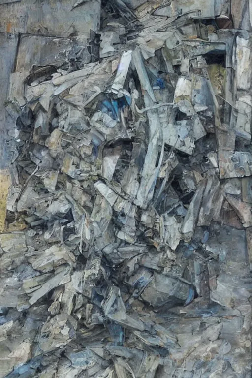 Prompt: painterly warped wadded knotted heap, dull grey expressionism, masterful rendering of construction rubble