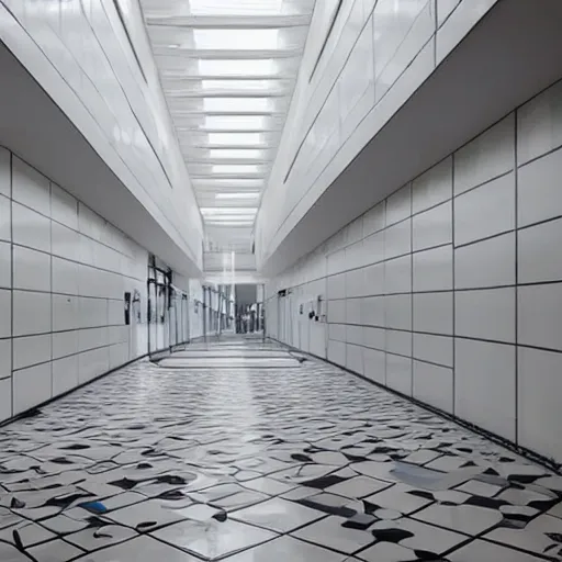 Image similar to photo of a vast interior space of randomly connected corridors, stairs and rooms. ceramic white tiles on all the walls.