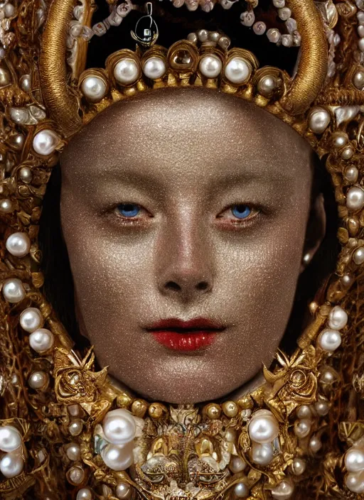 Prompt: hyperrealism, detailed textures, award winning autochrome portrait photo, symetrical japanese pearl beautiful smiling medusa queen autochrome pearl portrait, pearl silverplate, intricate, detailed facial pearl scary animal mask, pearl, golden jewelery, silverplate, ultra realistic, cinematic, intricate, cinematic light by ray ceasar, unreal engine 8 k