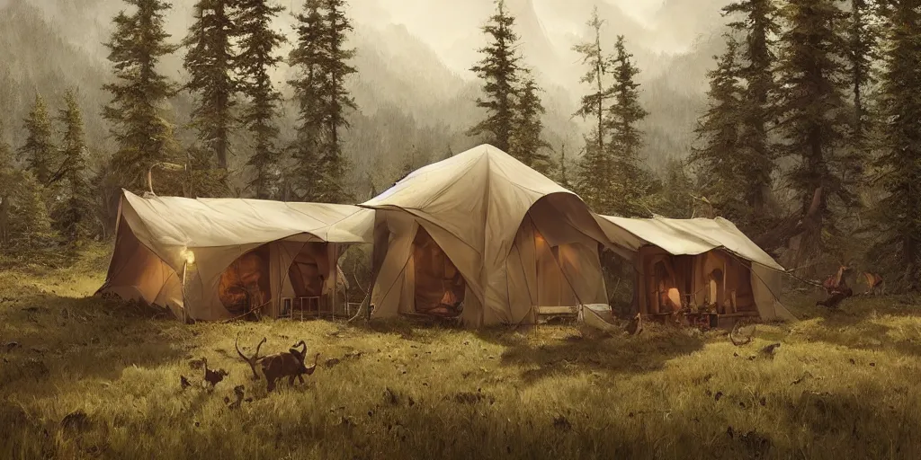 Image similar to cabela's tent fabric shelled pop up family dwelling unit, cabin, modular, person in foreground, mountainous forested wilderness open fields, beautiful views, painterly concept art, joanna gaines, environmental concept art, farmhouse, magnolia, concept art illustration by ross tran, james gurney, by craig mullins, by greg rutkowski