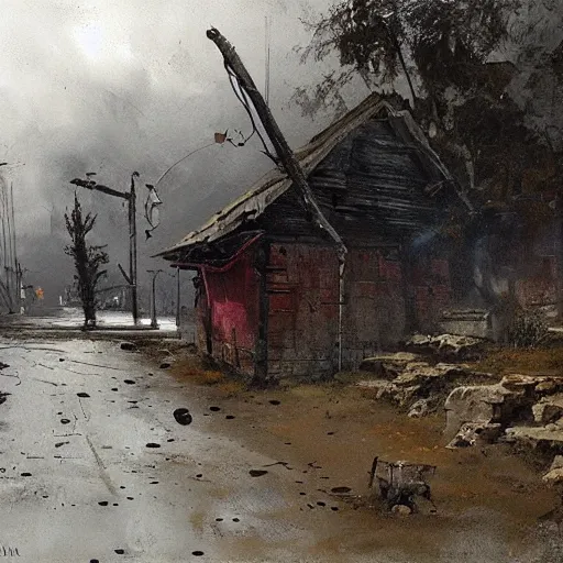 Prompt: painting by jakub rozalski of abandoned eastern european village