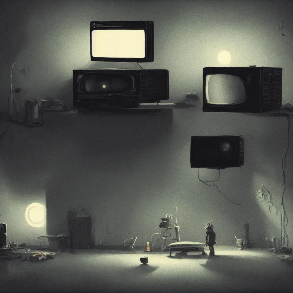 Prompt: a dark black room by night, one glowing vintage tv is standing on the floor, the door is nearly closed and thus shines light in a painting from stalenhag, 4 k, 8 k, hdr, artstation, concept art