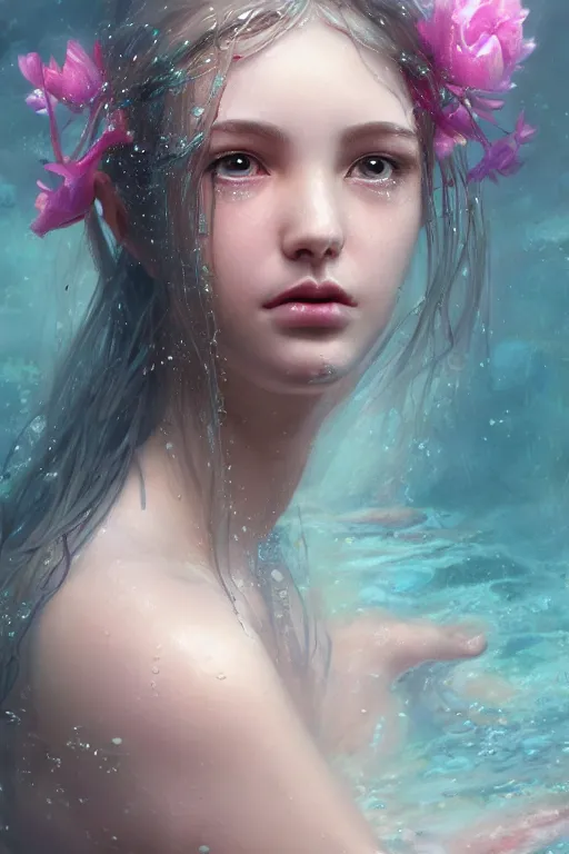 Prompt: face closeup a young beautiful girl drowned in water, underwater photography, nymph, siren, 3 d render, hyper realistic detailed portrait, holding magic flowers, ruan jia, wlop. scifi, fantasy, hyper detailed, octane render, concept art, by peter mohrbacher, by wlop, by ruan jia