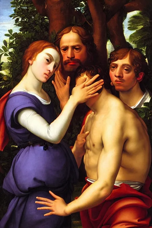 Image similar to renaissance painting of jealous men, portrait, face closeup, emotions closeup, dressed in roman clothes, the beautiful garden with blueberry bush everywhere, ultra detailed, art by guido reni style, vincenzo catena style