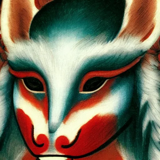 Image similar to a beautiful male wearing a kitsune mask, painted by michelangelo, ombre colors