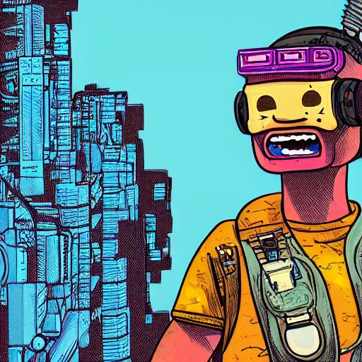 Image similar to in the style of max prentis and deathburger and laurie greasley close up of a smiling young explorer wearing a cyberpunk headpiece, highly detailed, intricate details, adventure time colour palette, 8k wallpaper