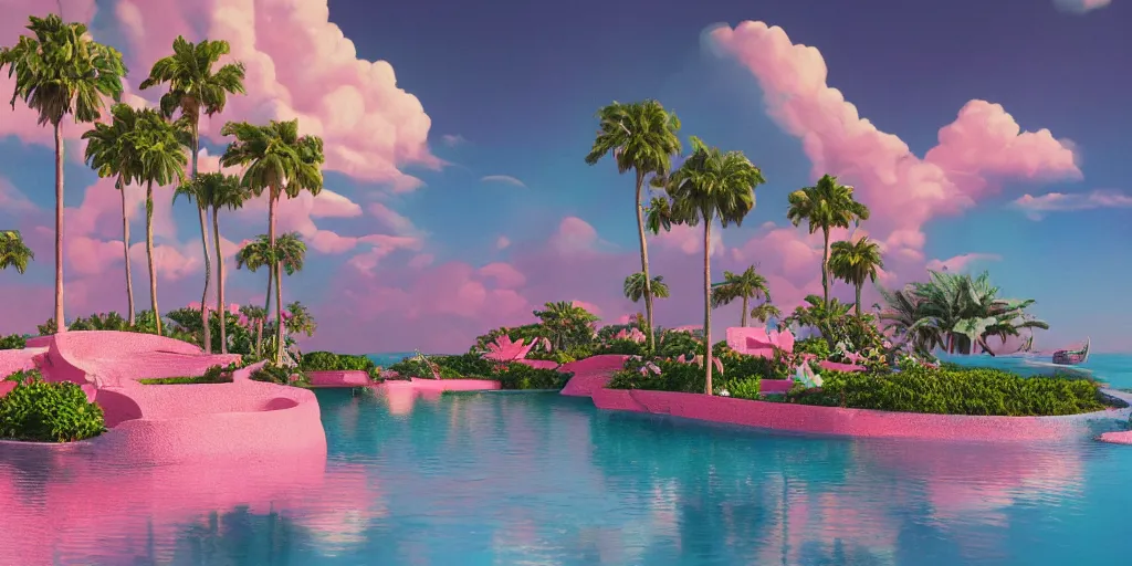 Image similar to Beeple masterpiece, hyperrealistic surrealism, award winning masterpiece with incredible details, epic stunning, infinity pool, a surreal vaporwave liminal space, highly detailed, trending on ArtStation, calming, meditative, pink arches, palm trees, vaporwave, surreal, sharp details, dreamscape, giant gold head statue ruins, crystal clear water, sunrise