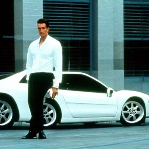 Prompt: Patrick Bateman standing next to his white Acura Honda NSX movie still from American Psycho mid day screenshot