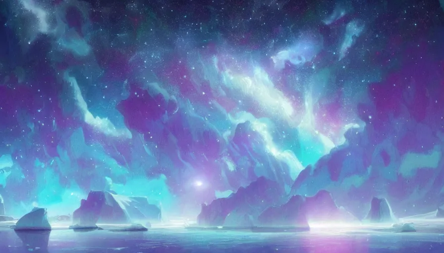 Image similar to A highly detailed digital art painting of icebergs near the tundra at night, shimmering starry nebula sky by Studio Ghibli, Makoto Shinkai, (((Makoto Shinkai))) by Artgerm, by beeple, volumetric lighting, octane render, 4K resolution, trending on artstation, masterpiece, vivid colours