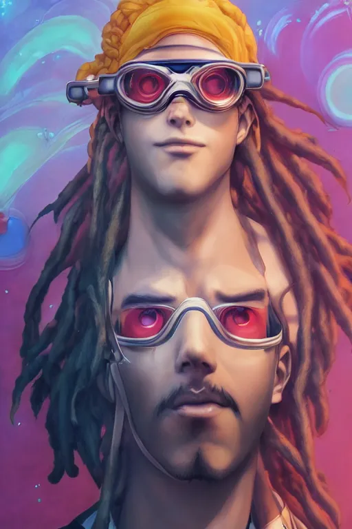 Prompt: portrait of an anime manga guy with dreads and goggles, straight on portrait, by artgerm, james jean, tom bagshaw, gerald brom, vaporwave colors, lofi colors, vaporwave, lofi, goth vibe, 4 k, smooth, hd, substance designer render, full body character concept art, symmetrical,