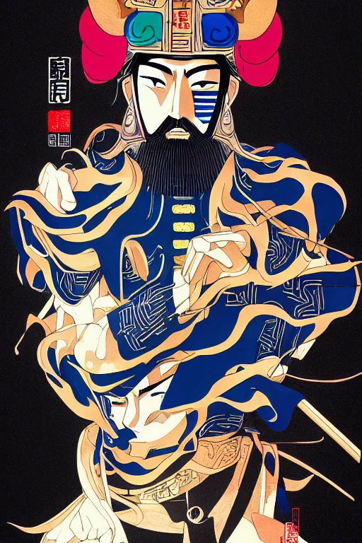 Image similar to abstract portrait of cao cao, 6 0 s anime art, floating detailes, very detailed face, leaves by miyazaki, colorful palette illustration, kenneth blom, mental alchemy, james jean, pablo amaringo, naudline pierre, contemporary art, hyper detailed