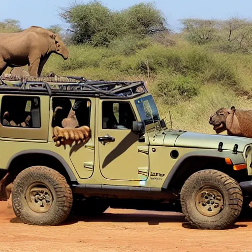 Prompt: a jeep in the middle of big animals stampede in africa
