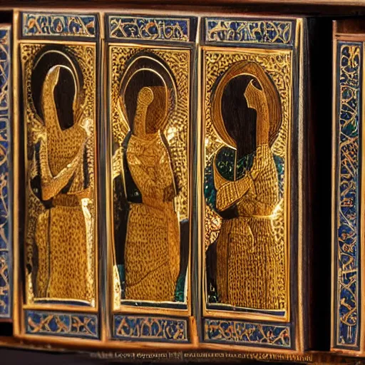 Image similar to Amazed 3 sisters of the congregation open the intricate wooden box, golden light shines on their faces while they open the lid, highly detailed