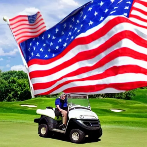 Image similar to donald trump riding a nuke, dirt bikes, golf cart, america flag, prison