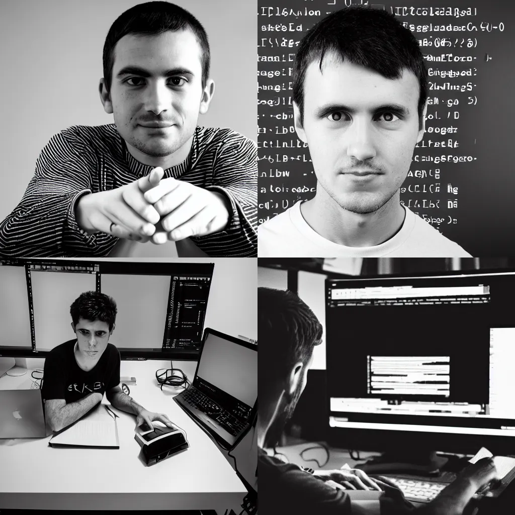 Prompt: black and white portrait photo of a programmer made of code