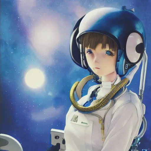 Prompt: portrait of a catgirl astronaut, last exile, blue submarine no. 6, loish, murata range, kawaii, yoshitaka amano, studio lighting, manga, bright colors, beautiful,35mm lens, vibrant high contrast, mucha, gradation, jean giraud, fantasy