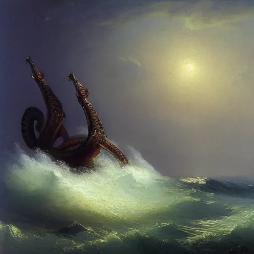Prompt: seahorse kraken by ivan aivazovsky