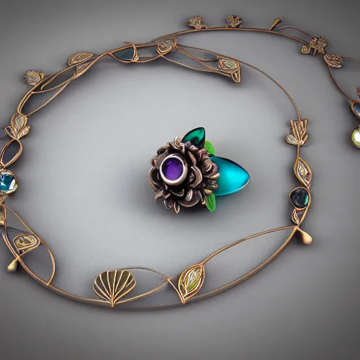 Image similar to intricate! organic, nordic wedding ring, necklace, gemstones, dreamy floral background, refraction, occlusion, lower and upper levels, keyshot render, octane render, vray render