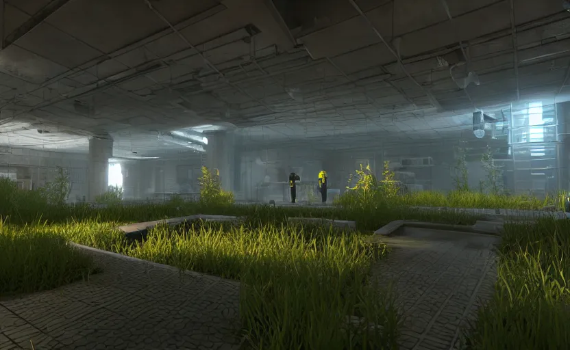 Image similar to in-game screenshot of a group of hazmat scientists on unreal engine 5, in a liminal underground garden, photorealistic, retrofuturism, brutalism, staggered terraces, minimalist, soft vintage glow