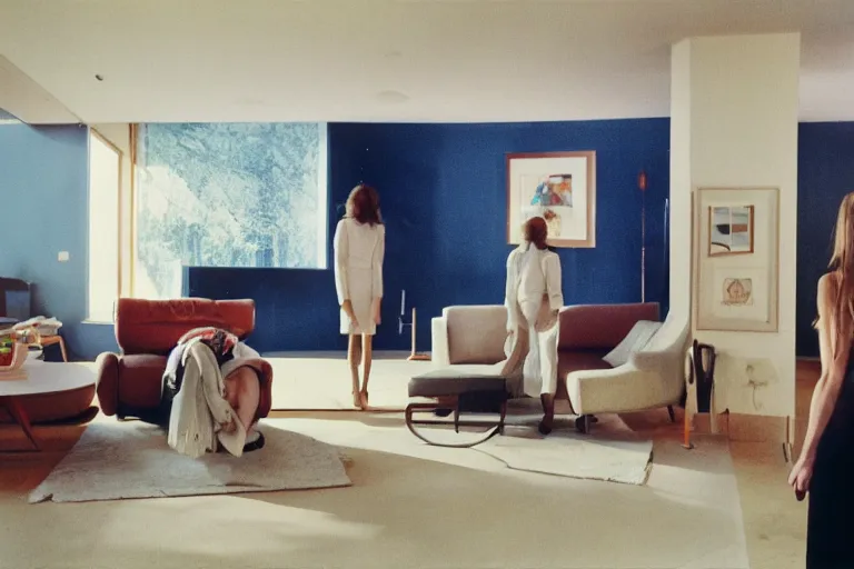 Image similar to photograph of strange presence radiating esoteric energy in modernist living room, crisp focus, backlit woman in foreground, highly detailed, in hipgnosis style, 3 5 mm ektachrome