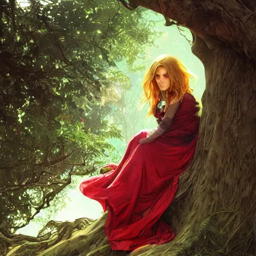 Image similar to portrait of a woman resting on large tree, dark red cloak, blonde hair, green lines, sharp focus, intricate, cinematic lighting, smooth, ultra realistic illustration, high fantasy, elegant, by artgerm, greg rutkowski, alphonse mucha magali villeneuve