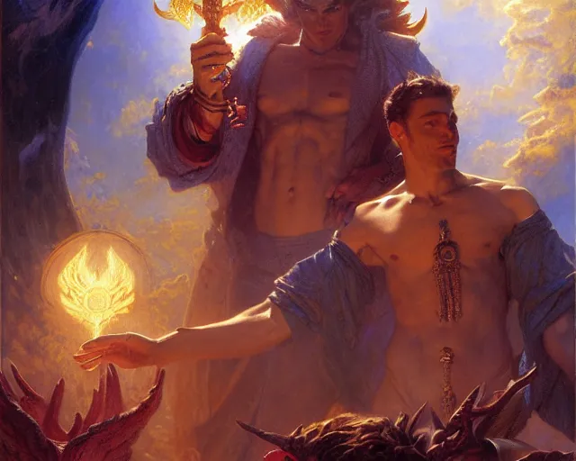 Image similar to attractive male deity, casting demonic magic, summoning handsome lucifer morning star. highly detailed painting by gaston bussiere, craig mullins, j. c. leyendecker 8 k