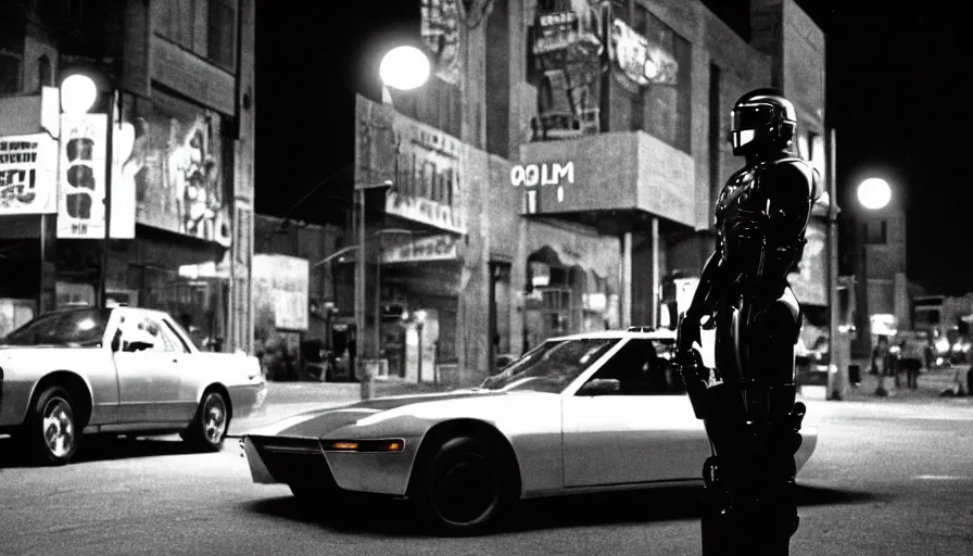 Image similar to robocop standing under a street lamp at night in downtown future detroit. leaning against a futuristic police car. criterion collection, movie still. 7 0 mm. imax. film.