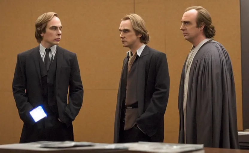 Image similar to anakin skywalker played by hayden christensen wearing jedi robes is talking to a lawyer saul goodman played by bob odenkirk wearing a suit in court, better call saul court scene 1 0 8 0 p, jimmy mcgill in court, court session images, realistic faces