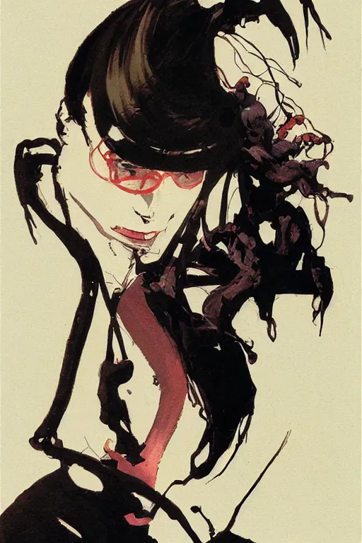 Prompt: zoom out portrait of crazy lady scientist, illustration by katsuhiro otomo, brom, jeffrey catherine jones, concept art