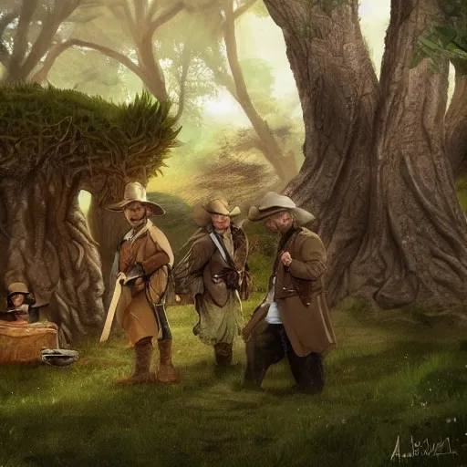 Prompt: hobbits wearing cowboy hats hiring under a tree from wraiths, artstation digital art