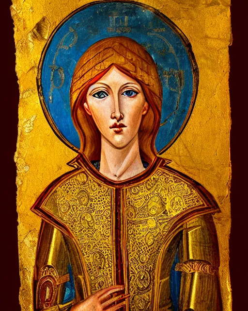 Image similar to byzantine fresco portrait of woman in shining golden armor, high production value, intricate details, high resolution, hdr, high definition, masterpiece, realistic, ultrarealistic, highly detailed, hd, sharp focus, non blurry, sharp, smooth