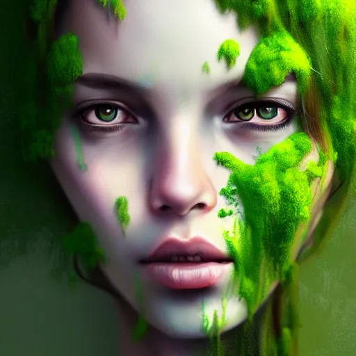 Image similar to a portrait of a girl covered in moss, face, intricate, elegant, highly detailed, digital painting, artstation, concept art, smooth, sharp