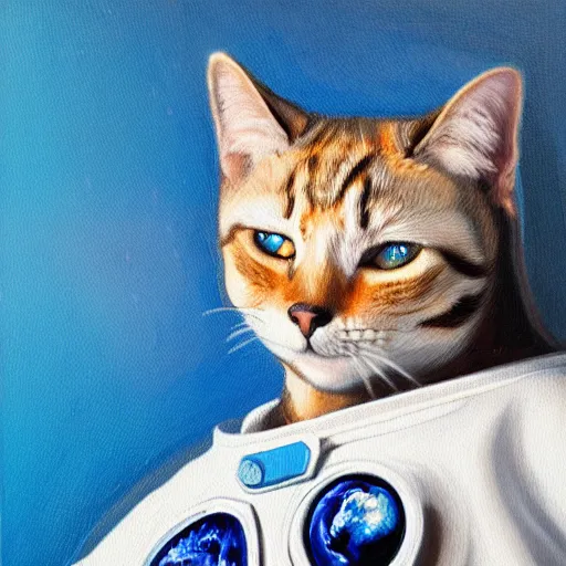 Image similar to A cat with beautiful blue eyes in a space suit flying over the Earth, oil painting, concept art, trending on artstation