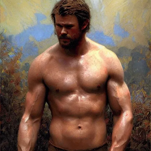 Image similar to Chris Hemsworth with a flabby body type, painting by Gaston Bussiere, Craig Mullins