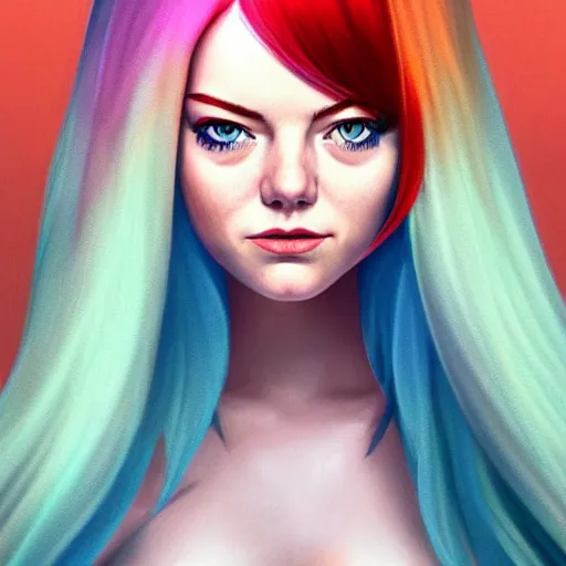 Prompt: Emma stone with aurora colored hair, curious expression, character art, full body art, trending on artstation, artgerm, 4k ultra hd, sharp focus, digital art by Ilya Kuvshinov and Ross Tran,