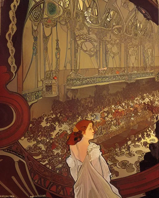 Image similar to painting alphonse mucha, interior of the opera house, view from the hall with a singer in a white dress on a lighted stage with an orchestra and audience in the hall, soft cinematic lighting, pastel color palette