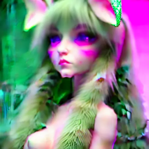 Image similar to ultrarealistic sweet bunny girl, intricate details, green eyes, 8K, long hair, fluffy, pink