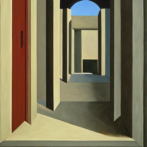 Image similar to first person view of a stark concrete maze, people peering into portholes, grant wood, pj crook, edward hopper, oil on canvas