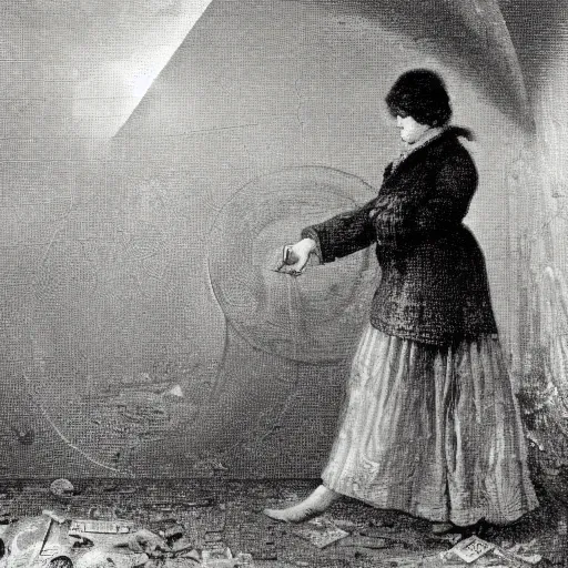 Prompt: A installation art. A rip in spacetime. Did this device in her hand open a portal to another dimension or reality?! optical illusion, Pixabay by Edward Julius Detmold, by John Constable terrifying, churning