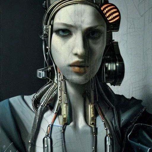 Prompt: portrait of a cyberpunk character, ( ( ( art by johannes vermeer ) ) ), cybernetic implant, award winning, masterpiece, intricate, dramatic light, detailed face, highly detailed, asymmetrical, dark