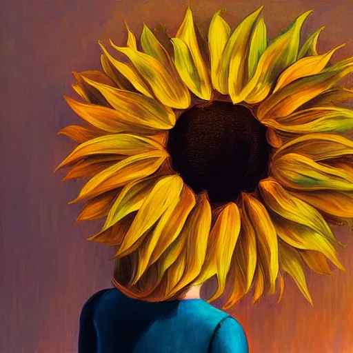 Image similar to closeup, giant sunflower head, woman standing in a luxury apartment, surreal, dramatic light, impressionist painting, digital painting, artstation, georgia o'keeffe