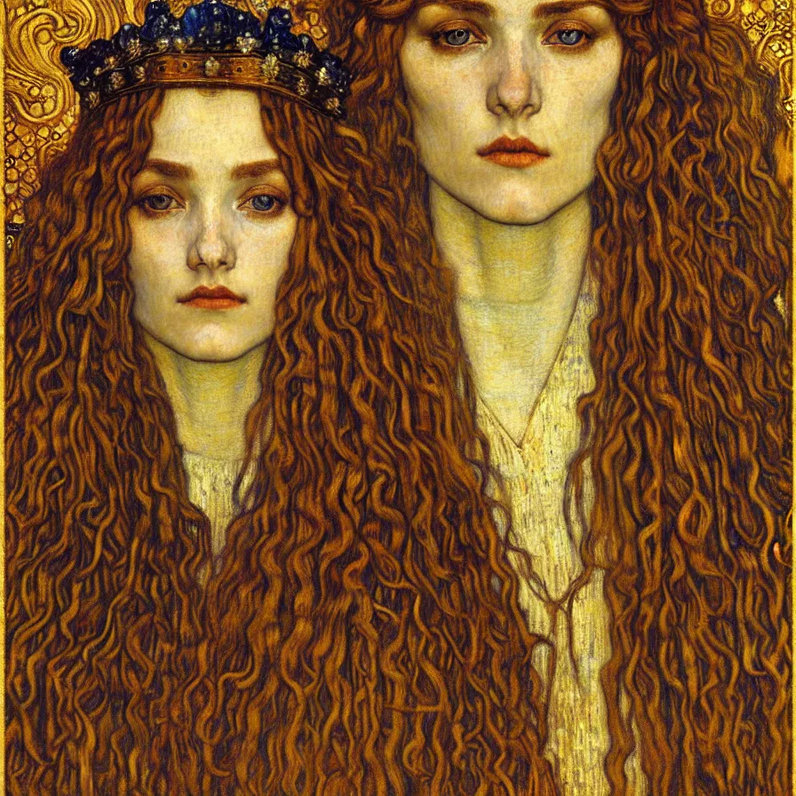 Image similar to detailed realistic beautiful young medieval queen face portrait by jean delville, gustav klimt and vincent van gogh, art nouveau, symbolist, visionary, gothic, pre - raphaelite, muted earthy colors, desaturated