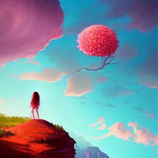 Prompt: giant cherry flower as a head, girl walking in a canyon, surreal photography, sunrise, dramatic light, impressionist painting, colorful clouds, digital painting, artstation, simon stalenhag