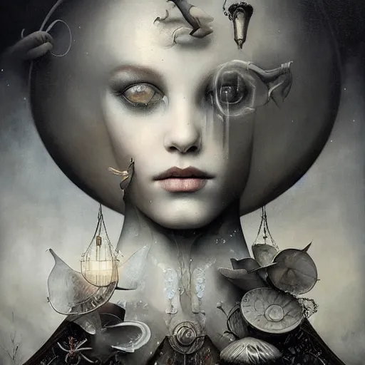 Prompt: By Tom Bagshaw, ultra realist soft painting of a curiosities carnival by night, omnious sky, symmetry accurate features, very intricate details, black and white, volumetric light clouds