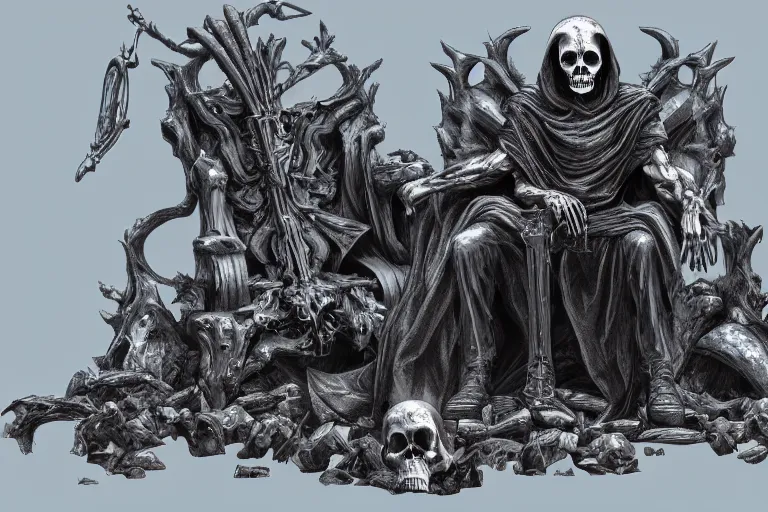 Image similar to Grim reaper sitting on a throne made of skulls, wide shot, digital art, fantasy, concept art, highly detailed, dark colors, blue tint,