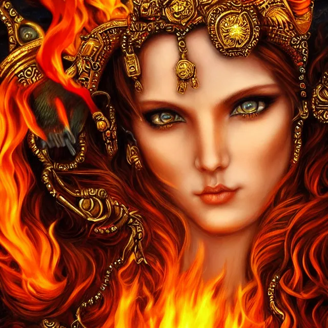 Image similar to perfectly centered close up portrait, goddess of fire, candid photography, by anne stokes, highly detailed