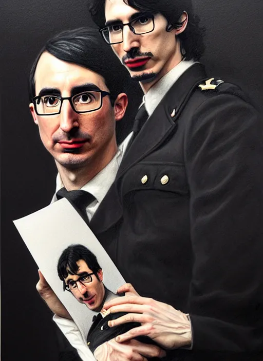 Prompt: a portrait of john oliver clutching a portrait of adam driver, military uniform, fantasy, intricate, elegant, beautiful, highly detailed, charcoal, centered, dark, smokey, digital painting, artstation, concept art, smooth, sharp focus, illustration, art by artgerm and greg rutkowski and alphonse mucha