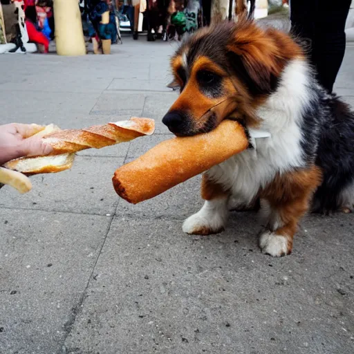 Image similar to san bernardo dog eating a baguette, photography